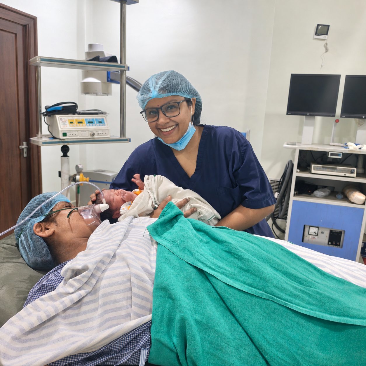 Dr. Anam Ghani with newborn in operation theatre